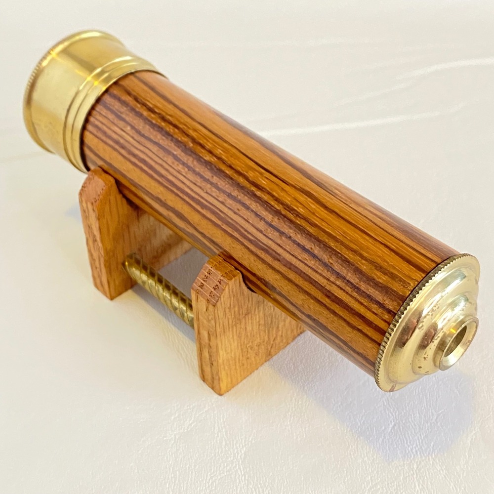Vintage Wooden Kaleidoscope Brass Accents Matching Wood Stand Handcrafted